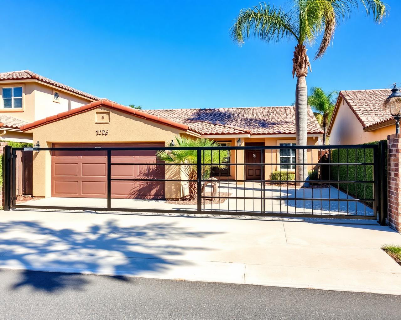 Modern sliding driveway gate with keypad
