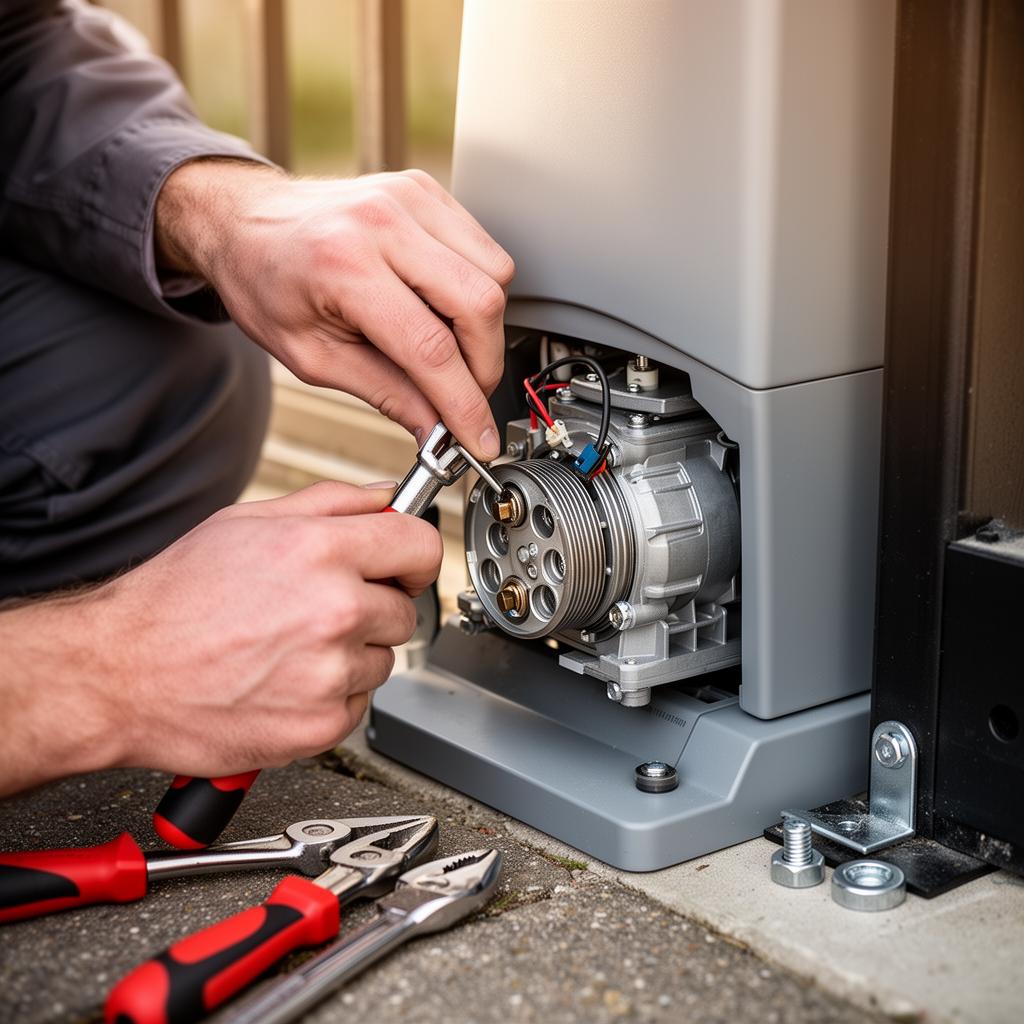 Technician repairing automatic gate opener motor
