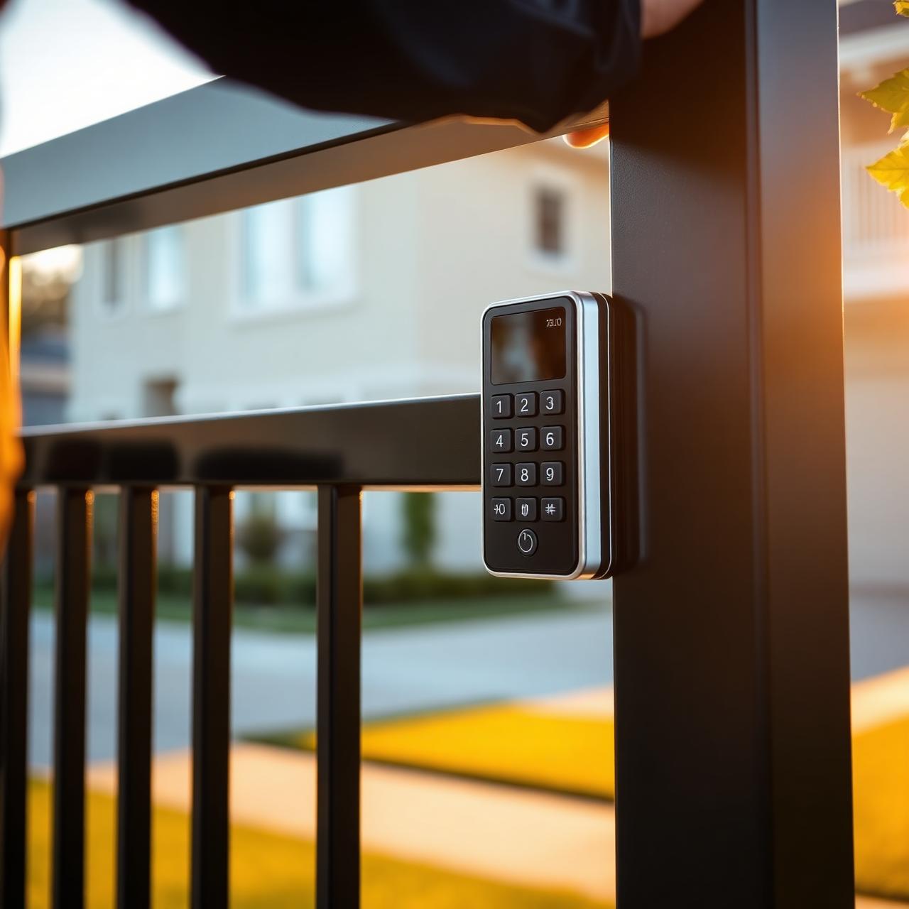 Technician installing a smart keypad access control system on a residential gate