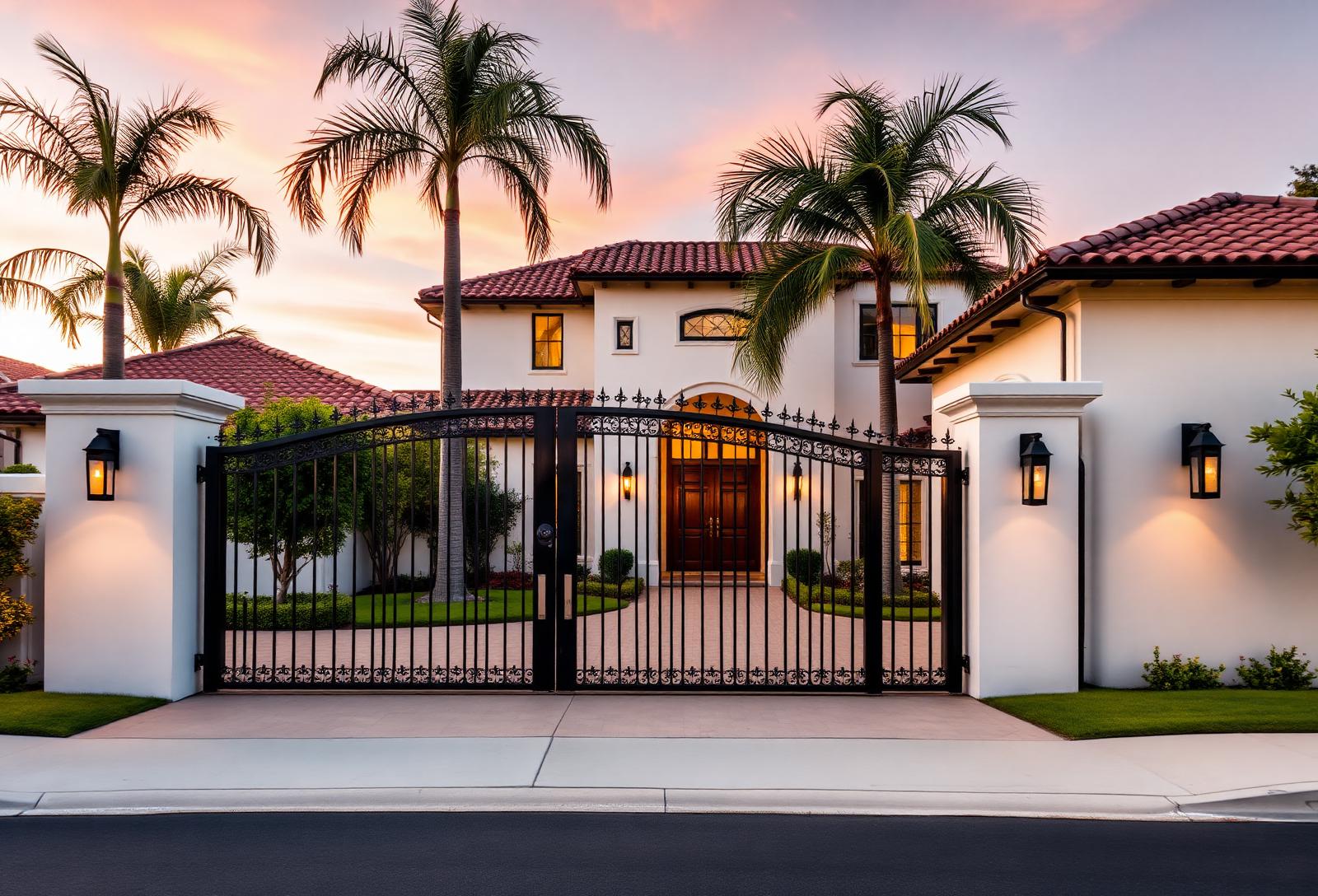 Wrought iron driveway gate at a Spanish-style Los Angeles home